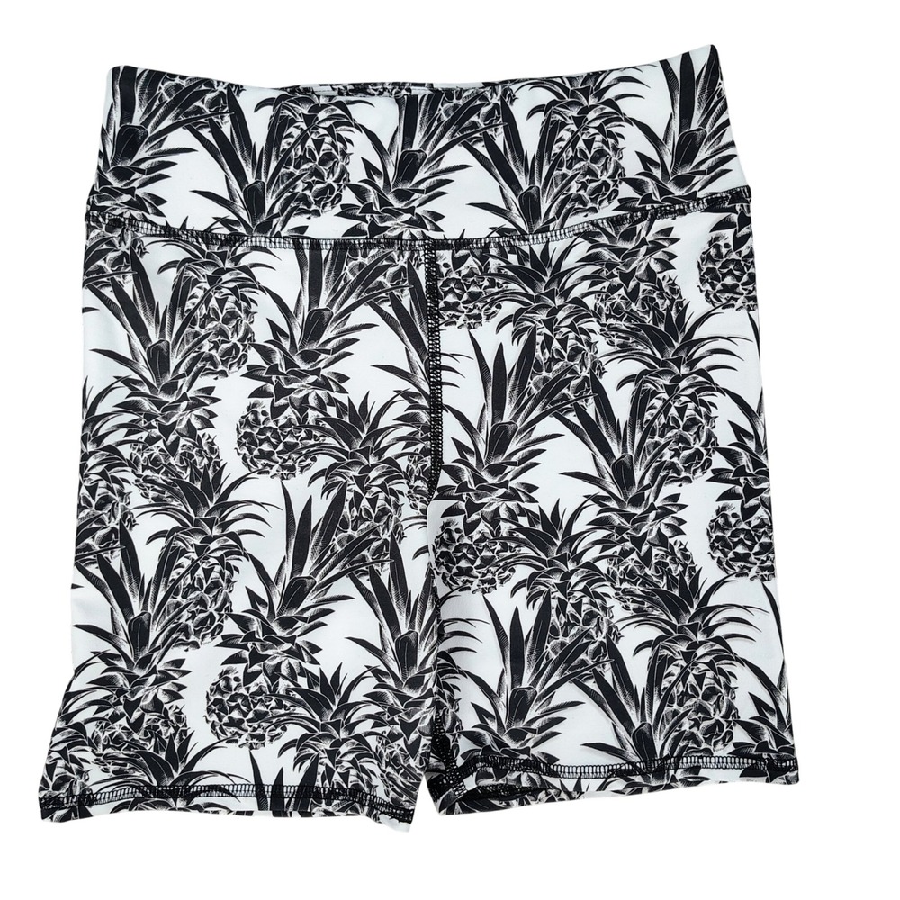 NWT Womens L EVCR Pineapple Biker Shorts Black White Tropical Activewear Y2K
